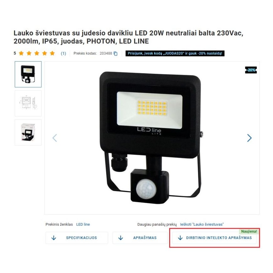 Välisvalgusti LED 20W neutraalne valge 230Vac, 2000lm, IP65, must, PHOTON, LED LINE