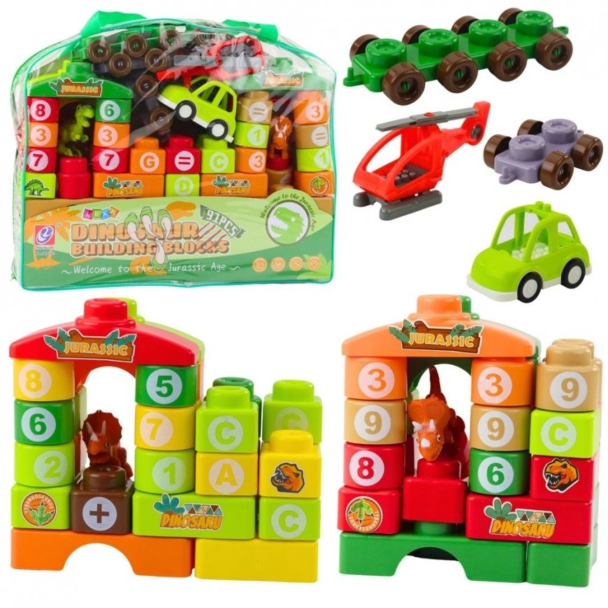 Lean Toys dinozauride temaatilised klotsid tähtede ja numbritega, 91 tk. – 2