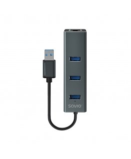 Savio AK-57 USB-A - 3 x USB-A HUB with RJ-45 Gigabit Ethernet adapter 5000 Mbit/s grey