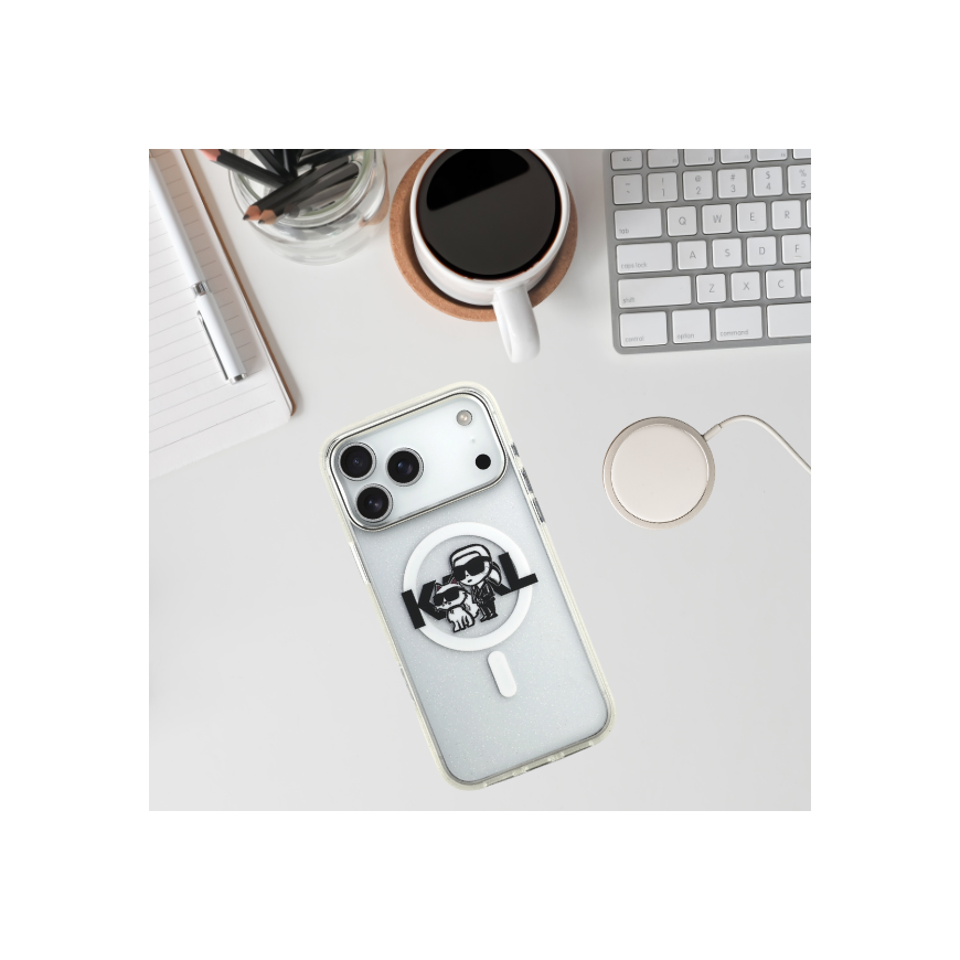 Karl Lagerfeld IML Glitter Karl & Choupette Sketch Logo MagSafe Case for iPhone 17 Pro Max Clear – 2