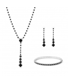 Shimmering jewelry set with black crystals (necklace, bracelet, earrings)