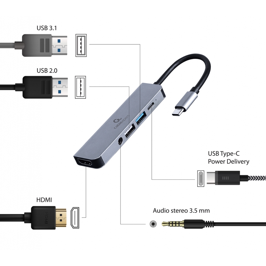 Gembird A-CM-COMBO5-02 kannettavien tietokoneiden telakka ja porttitoistin Langallinen USB 3.2 Gen 1 – 2