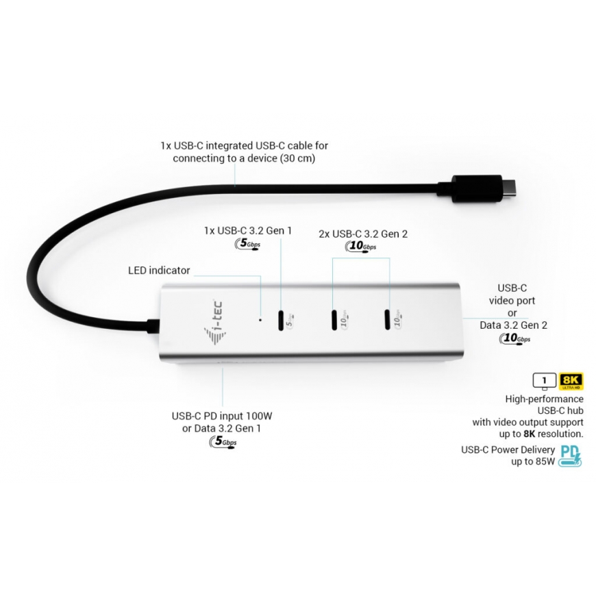 i-tec Metal C31HUBMETAL8KPDPRO keskitin USB Type-C 10000 Mbit/s Hopea – 5