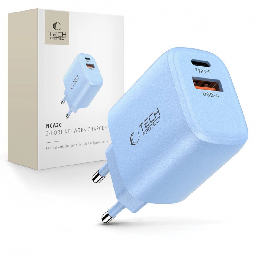 Tech-Protect NCA30 PD 30W QC3.0 USB-A | USB-C Wall Charger - Blu