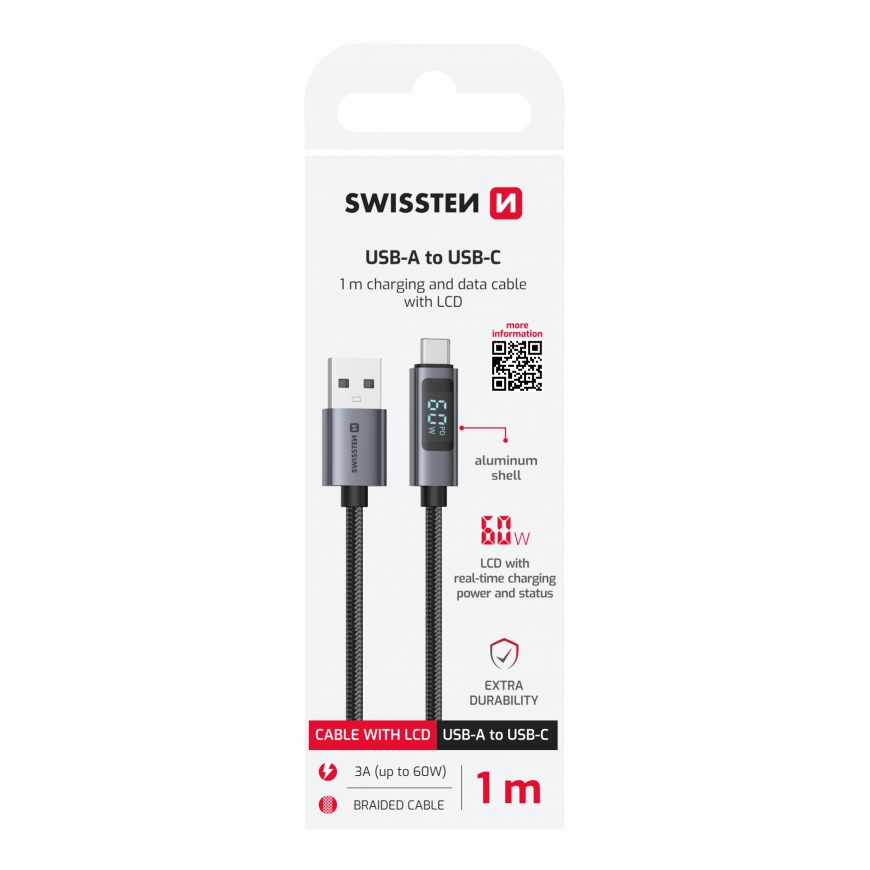 Кабель Swissten LCD USB-A / USB-C 1м – 2