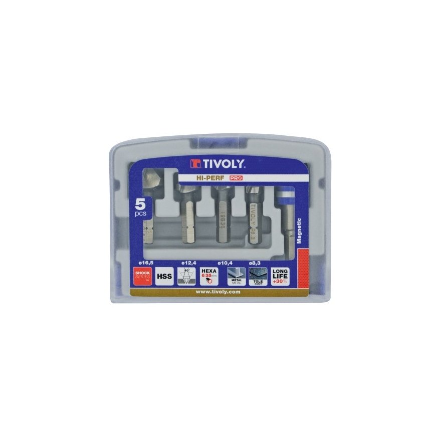 Tivoly Countersink Drill Set (4 pcs) + Magnetic Bit Holder. HSS, ØD8.3-16.5mm. 1/4" Hex Shank "Half-box" – 2