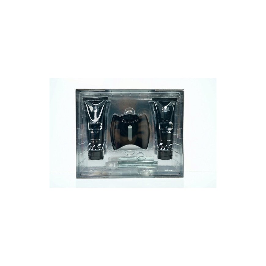 New Brand Extasia Juodas -setti sisältää eau de toilette -suihkeen 100ml + partabalsamin 130ml + suihkugeelin 130ml + eau de toi