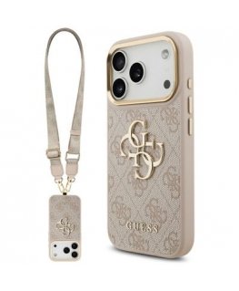 Guess 4G Big 4G Classic Logo Big Strap Metal Mygtukai dėklas skirtas Apple iPhone 17 Pro rožinės spalvos