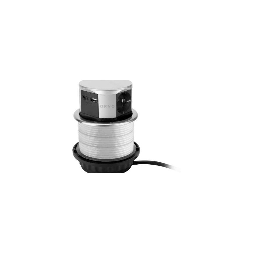 Orno Baldinis lizdas Ø10cm, ištraukiamas iš stalviršio, su USB įkrovikliu ir 1,5m laidu, 3x2P+Z (Schuko), 2xUSB (A+C tipo maks. – 2
