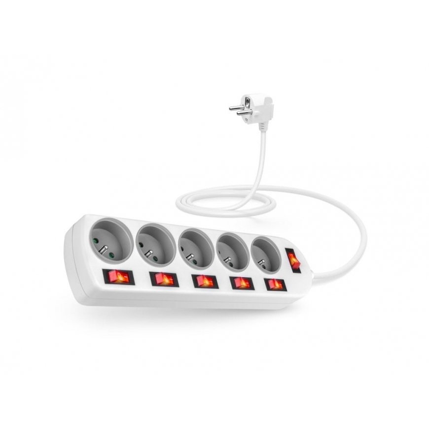 CONNECT IT prailginimo laidas, 5 lizdai, 2 m, su jungikliais (baltas)