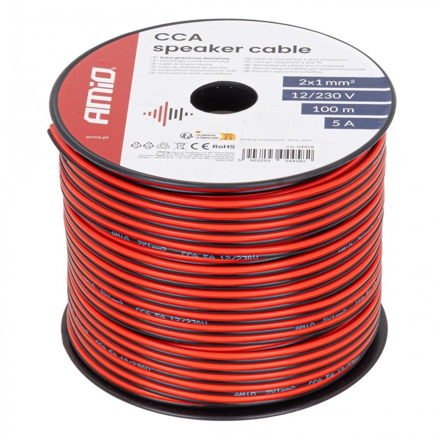 Divu vadu skaļruņu kabelis, 2x1mm2, 100m, 5A, amio-04458