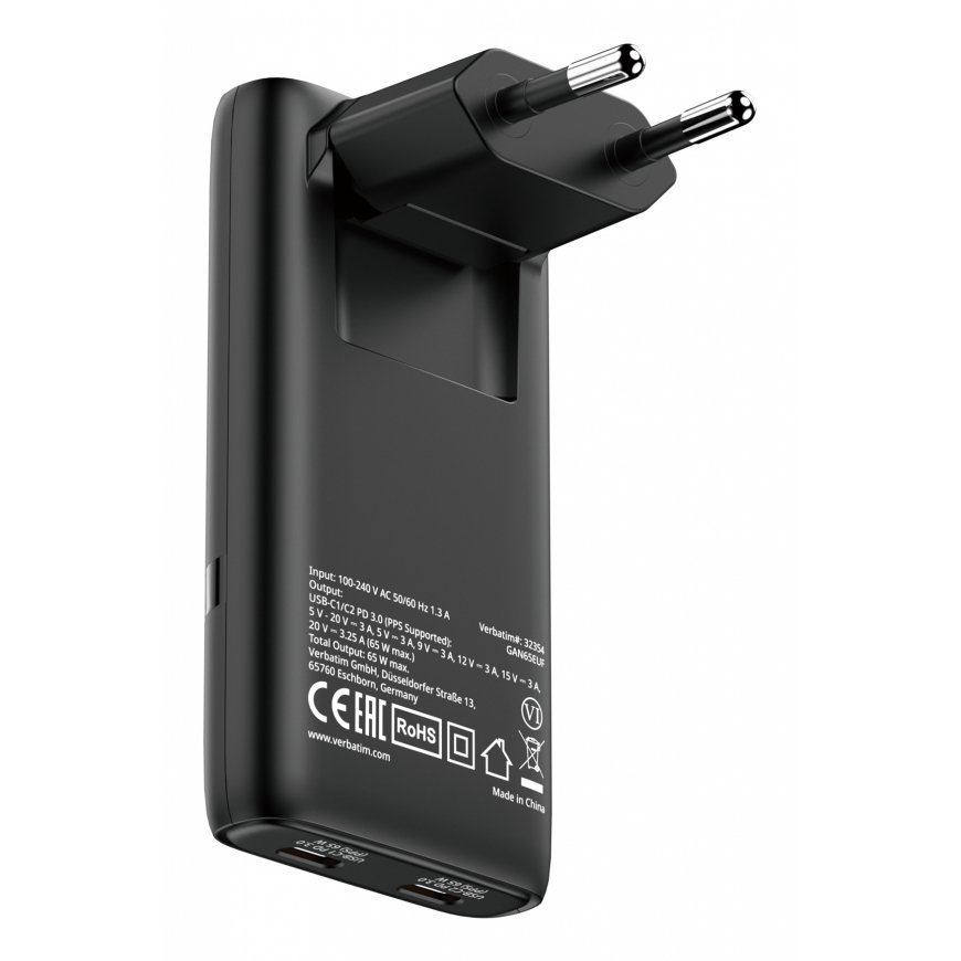 Verbatim Fold 'n' Go GaN Charger 65W EU plug Black