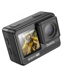 Sporta kamera Hoco ar diviem ekrāniem, 1,3" + 2" ar stabilizatoru un IPS matricu, 4K/30 kadri sekundē, DV102, melnā krāsā