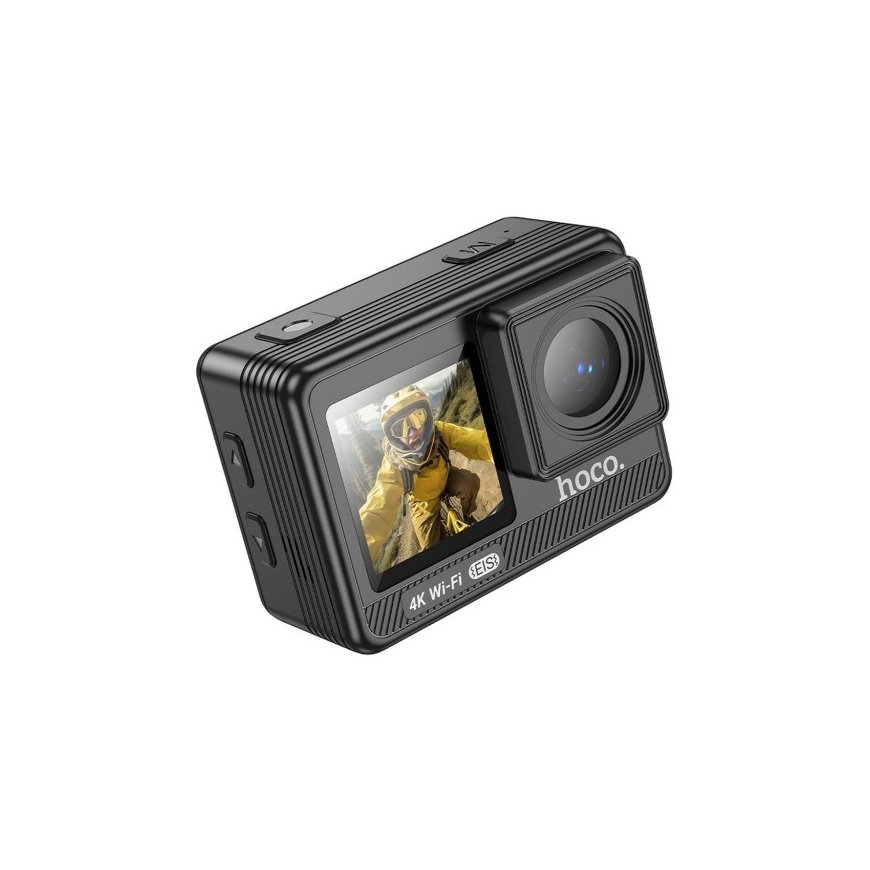 Sporta kamera Hoco ar diviem ekrāniem, 1,3" + 2" ar stabilizatoru un IPS matricu, 4K/30 kadri sekundē, DV102, melnā krāsā