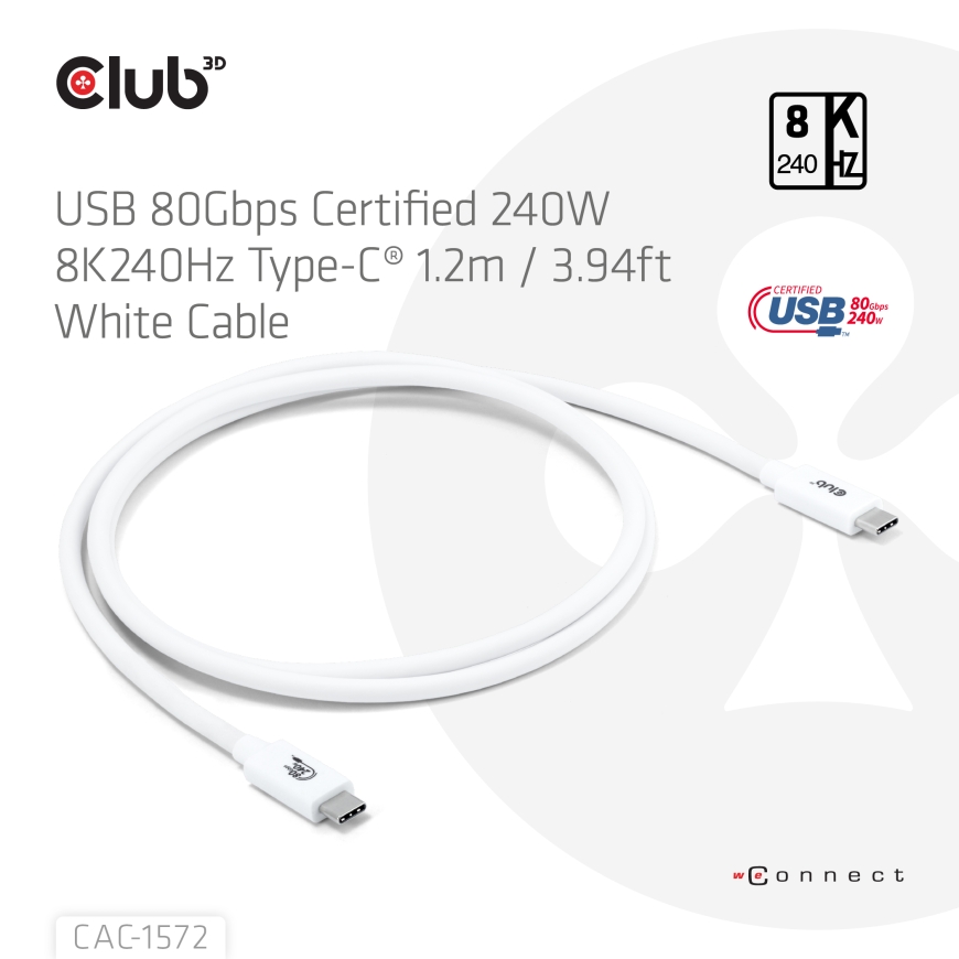 CLUB3D USB 80Gbps Certified 240W 8K240Hz Type-C® 1.2m / 3.94ft White Cable – 3