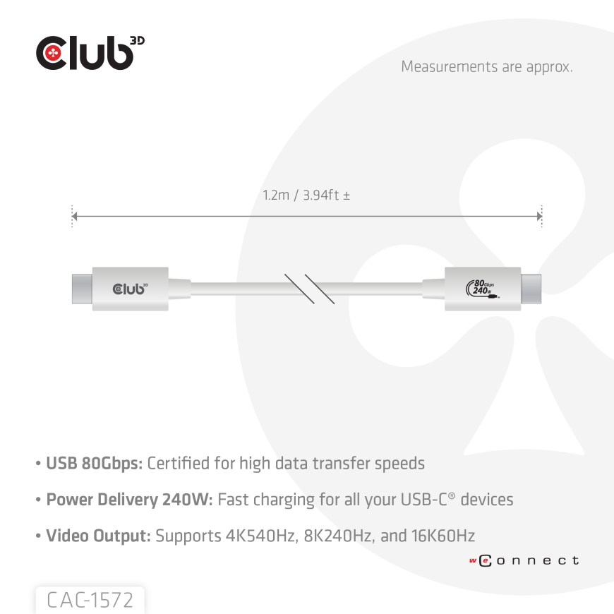 CLUB3D USB 80Gbps Certified 240W 8K240Hz Type-C® 1.2m / 3.94ft White Cable – 4