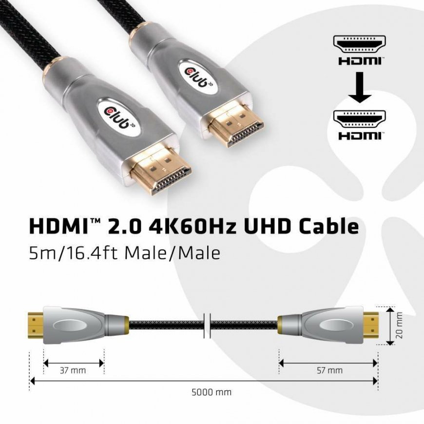 CLUB3D HDMI 2.0 4K60Hz UHD Cable 5m/16.4ft – 2