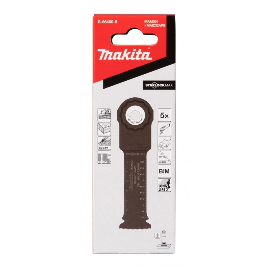 Makita B-66400-5 Oscillating Cutting Blades 32mm, 20TPI MAM001 BIM, STARLOCK MAX, for wood, metal. (5 pcs)