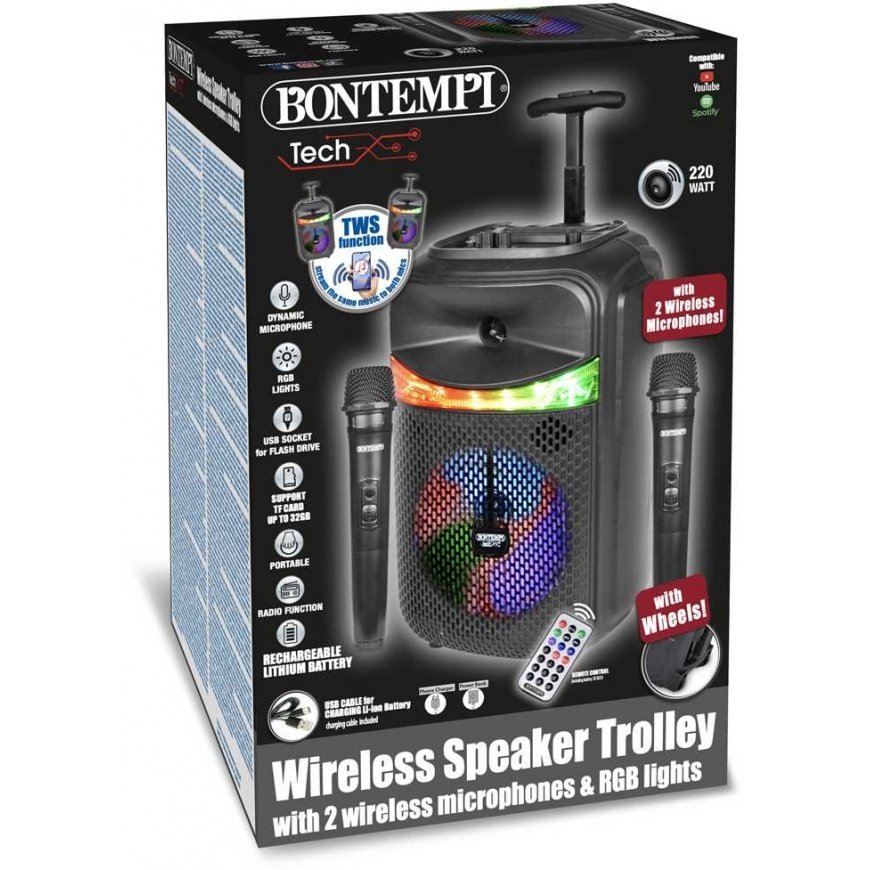 BONTEMPI wireless speaker with 2 microphones and RGB lights, 49 1070 – 2