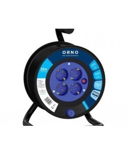 Orno Extension Cord Reel, 4 outlets 2P+Z, Schuko, PVC cable H05VV-F 3x1.5mm², length 25m, thermal protection, current path shutt