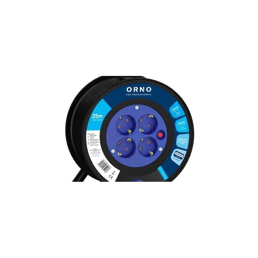 Orno Extension Cord Reel, 4 outlets 2P+Z, Schuko, PVC cable H05VV-F 3x1.5mm², length 25m, thermal protection, current path shutt – 2