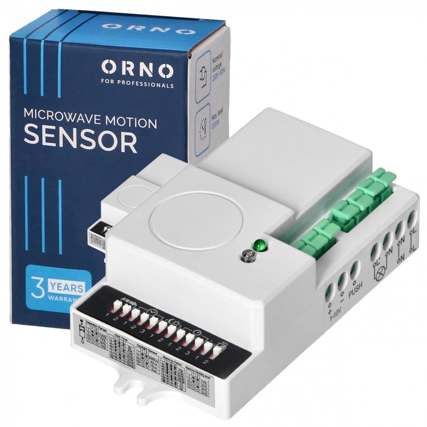 Orno Mini Microwave Motion Sensor with Regulator, 360/180 Degrees. with Short Circuit Adjustment, IP20, 1200W