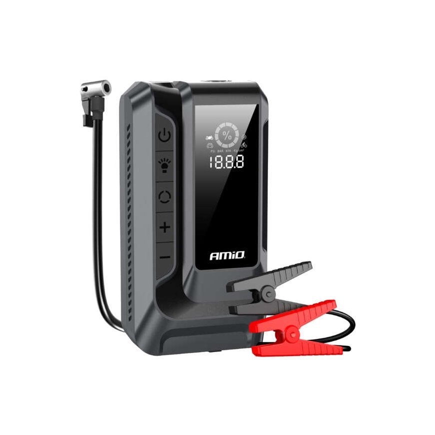 4-in-1 jump starter and power bank, external battery, compressor, LED flashlight, 12 V, 12 Ah, 1600 A, amio-04677