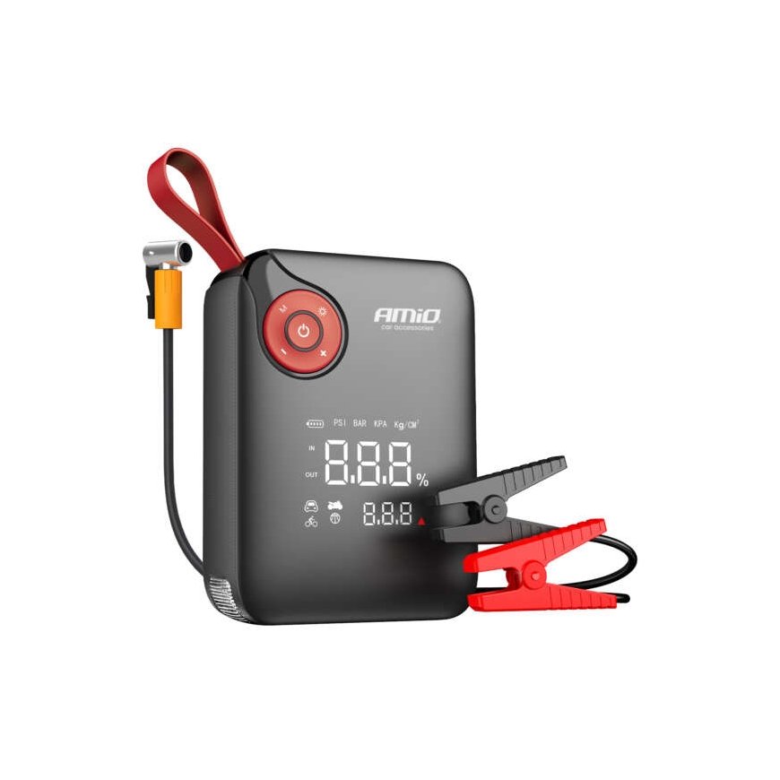 4-in-1 Portable Battery Jump Starter with Compressor, LED Flashlight, 12V, 7.2Ah, 600A, amio-04675 – 2