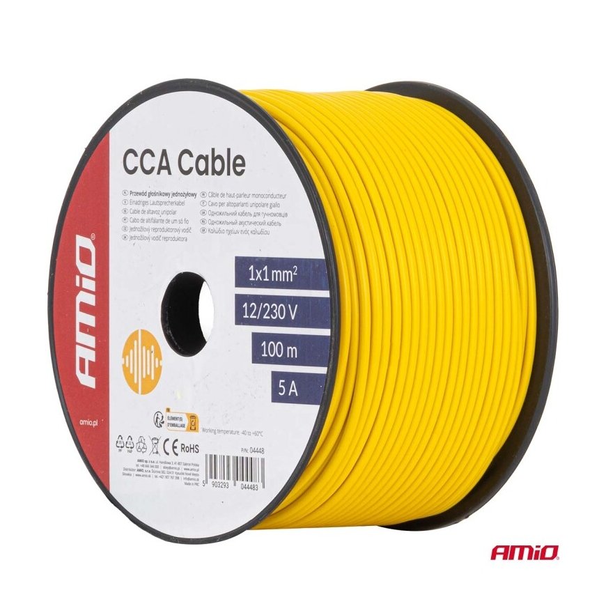 Yellow extension cable approximately 1x1mm2 100m 5a 12/230v amio-04448