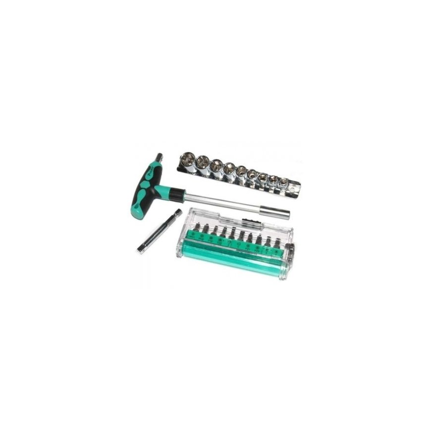 Universal T-shaped tool with interchangeable screwdriver bits and socket heads, SD-9701M Pro'sKit