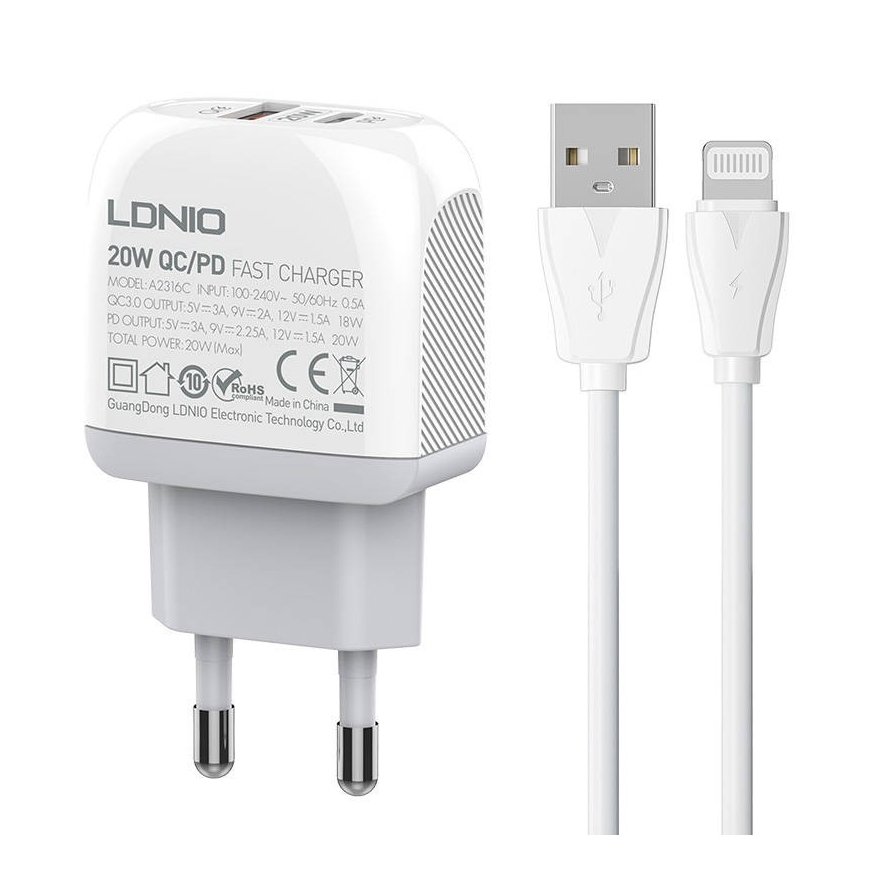 Ldnio Lādētājs USB 20W PD QC3.0 kabelis USB-C Lightning – 2