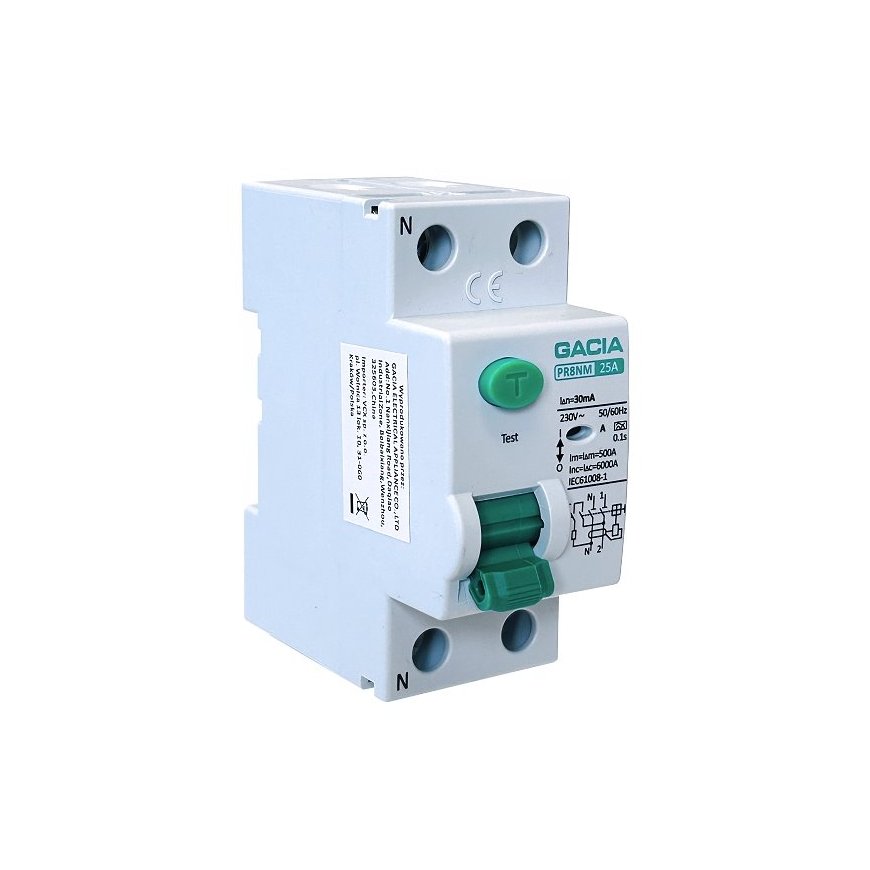 25A, 30mA, 2P diferencinis automatinis jungiklis, A tipo GACIA PR8NM 2P 25A 30MA A – 2