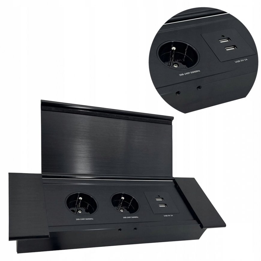 Orno furniture socket for built-in installation with flat milled edge, flip-top lid, USB charger, and 1.5 m cable, 2x2P+Z (Frenc – 2