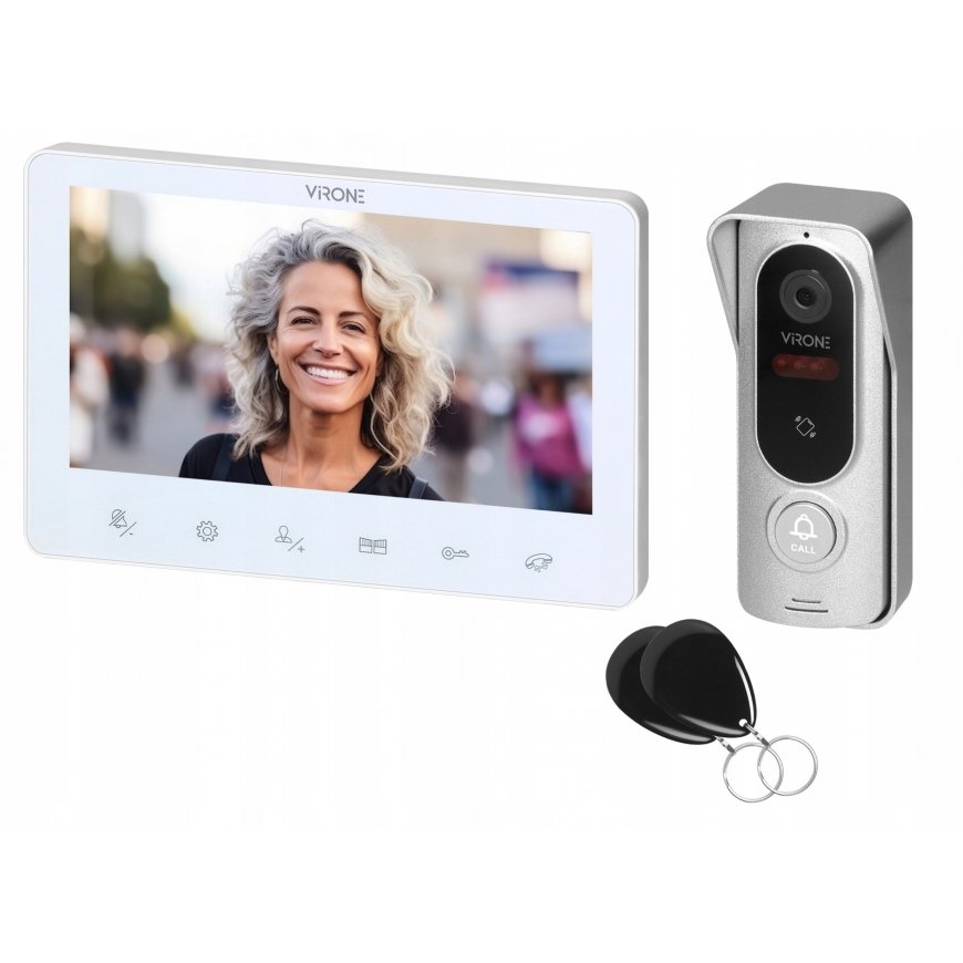 Orno ANGU, single-family video intercom kit, 4-wires, 7-inch, touch buttons, RFID, white