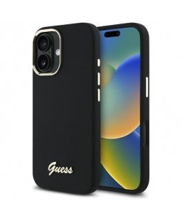 Guess GUHCP16MSMBSLK iPhone 16 Plus 6.7" must-haves mustkorp Silikoonist kirjutus ja metallist logo ja raam