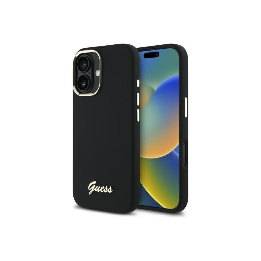 Guess GUHCP16MSMBSLK iPhone 16 Plus 6.7" juodas hardcase silikono dizainas su metaliniu logotipu ir rėmeliu