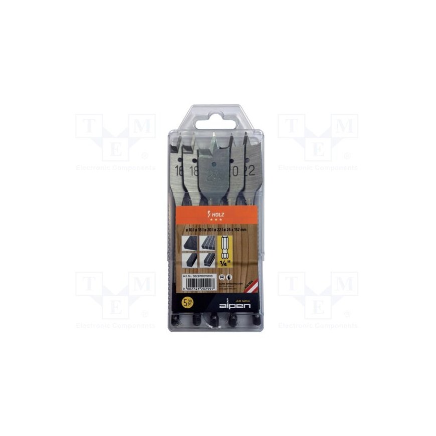 Drill bit set 5 pcs flat wood bits 16, 18, 20, 22, 24/152mm, 1/4" Alpen [0023700015100]