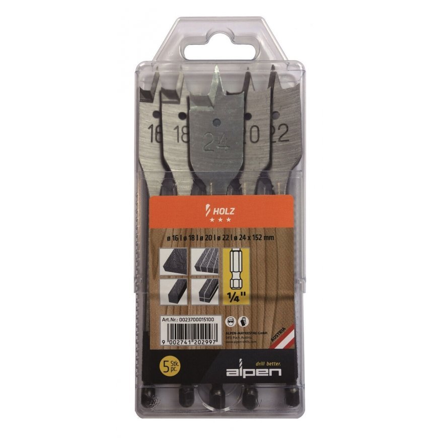 Drill bit set 5 pcs flat wood bits 16, 18, 20, 22, 24/152mm, 1/4" Alpen [0023700015100] – 2