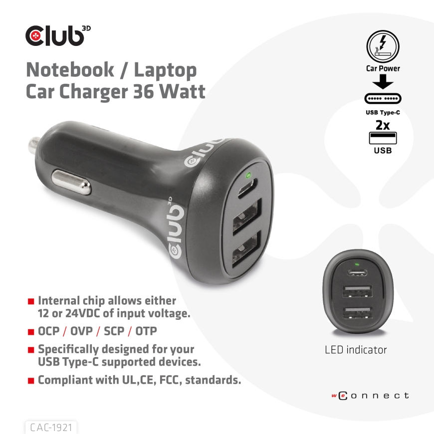 CLUB3D USB KFZ-Ladegerät 1xUSB C 2xUSB A 36W 12/24V retail – 2