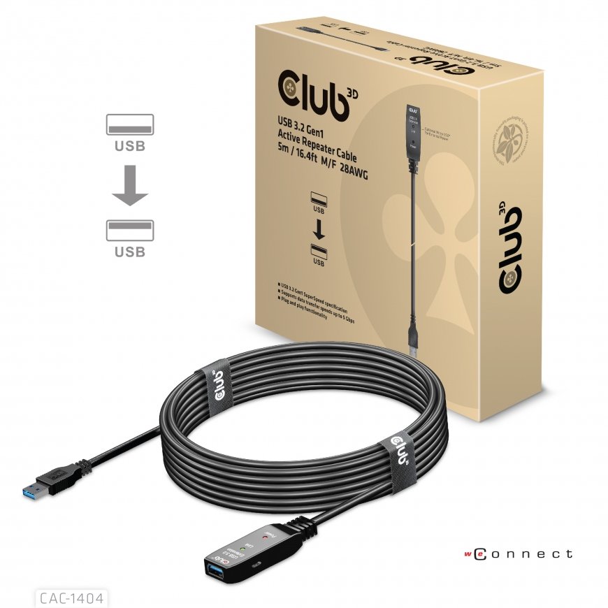 CLUB3D USB 3.2 Gen1 Active Repeater Cable 5m/ 16.4 ft M/F 28AWG – 2