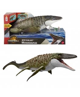 Jurassic World Rebirth Bite N Blast Mosasaurus Action Figure and Mini Dilophosaurus, Dinosaur Toy