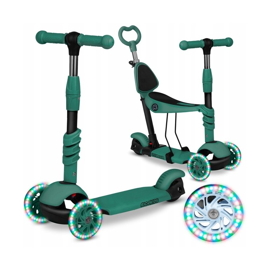 Triratis balansinis paspirtukas lasteleid, šviečiantis tamsoje, Ricokids Glow - turkio värv.