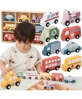 Viga Toys VIGA puinen värikkäiden kaupungin kulkuneuvojen setti, 9 kpl.