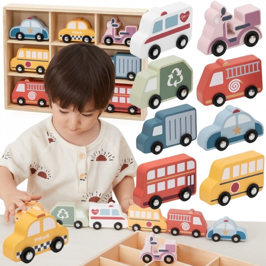 Viga Toys VIGA puidust värviliste linnatranspordi sõidukite komplekt, 9 tk.