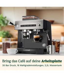 Kavos aparatas Cuisinart Espresso aparatas su malimo, tampavimo ir užpylimo funkcijomis.