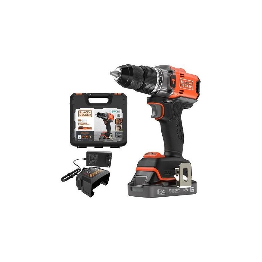 Black & Decker smūginė akumuliatorinė wiertarko-wkrętarka, 50Nm, 18V POWERCONNECT, Juodas & Decker [BLD683D1XK-QW], 2,0Ah, dėkla – 2
