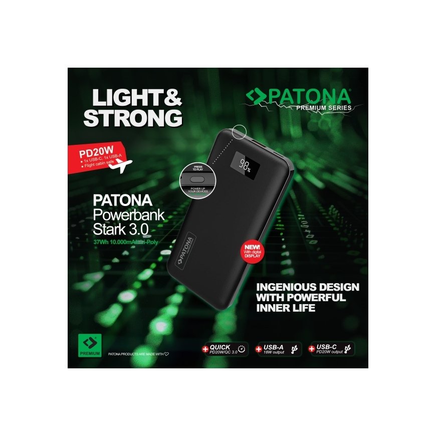 Patona augstākās kvalitātes ārējā baterija „Stark 3.0 PD20W“ 10 000 mAh