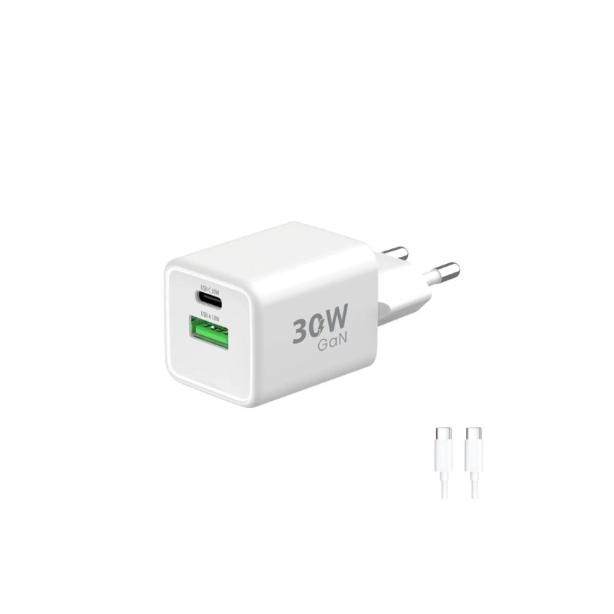 Winner Group WG - GaN Network Charger 2x USB 30W, 1x USB-C PD3.0 PPS QC4 30W + USB-A 18W, Type-C to Type-C Cable, White – 2