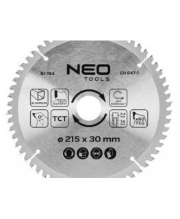 Neo Tools diskinio griešanas disks, Widia, 215 x 30 mm, 60 zobi, alumīnijs