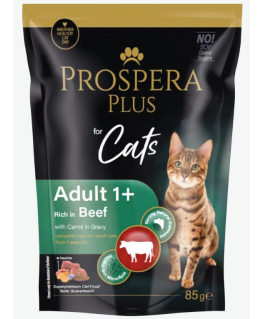 Konservi kaķiem - Prospera Plus, Cat Pouch Adult 1+, Beef and Ca